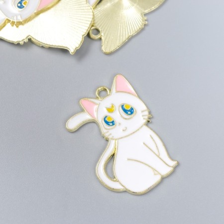 Decor for creativity metal, enamel "cat with a month" white 2.1x3 cm