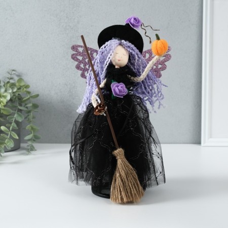 Interior doll "Witch in a black dress with lilac hair" 8.5x16x30 cm-1