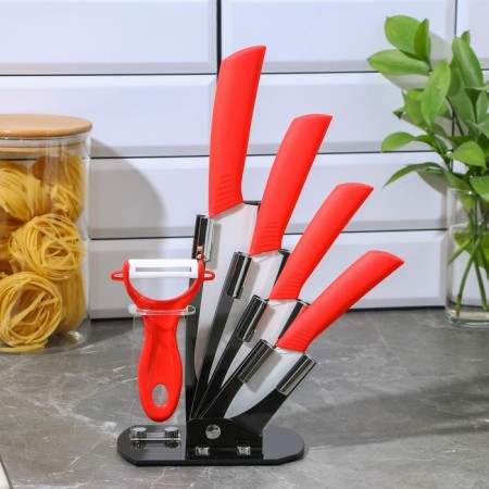 Kitchen kit on the stand “Simple”, 5 objects: knives 7.5 cm, 10.5 cm, 13 cm, 15 cm, vegetable cleaning, red color-2