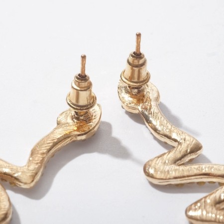 Hanging earrings with the rhinestones "snake" curved, white color in gold, 5.7 cm-1
