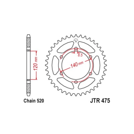 Leader star jt sprockets jtr475-44, chain 520, 44 teeth