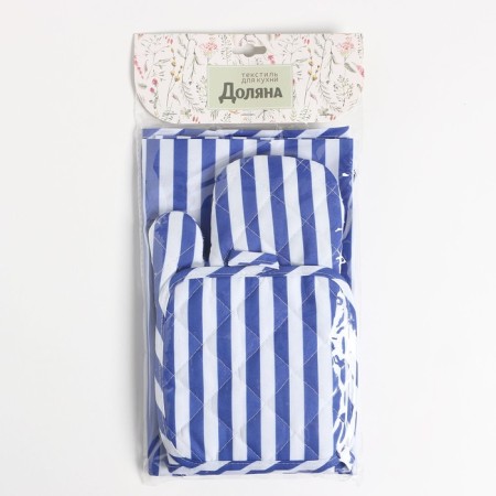 Kitchen set of shares. Color blue take 17x17 cm, mittens 26x16 cm, apron 60x80 cm, 100% p/e-9