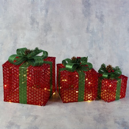 LED figure “Gifts with a green tape” 15, 20 cm, textiles, metal, 220 V, glow warm white