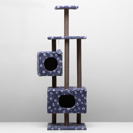House for cats with a claw, with a site and shelf, 65 x 51 x 173 cm, gray with paws-4