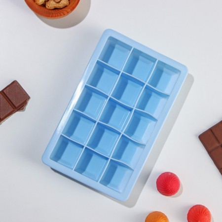 Form for ice “Cube”, silicone, 11.7 × 18.7 × 3.4 cm, 15 cells (3.4 × 3.4 cm), blue color-4