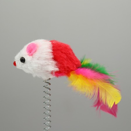 Domestic "Mouse on the suction cup", artificial fur with colored feathers, 24 cm, red/white mouse-2