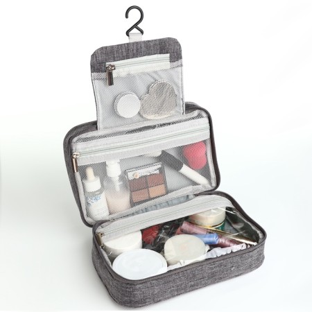 Cosmetic bag, 3 parts on zippers, gray color-4