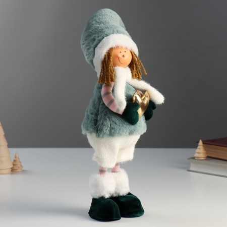 Interior doll "Angel in a fur coat and turquoise cap, with a heart" 56x11x14 cm-1