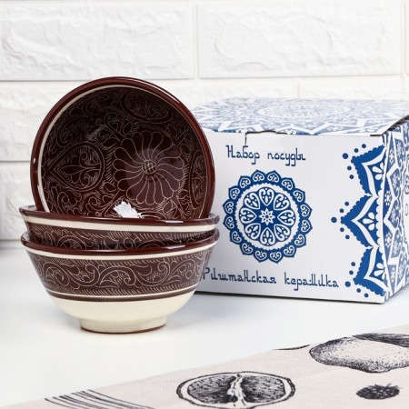 Set of salad bowls of Rishtan ceramics 15cm, brown, 3pcs in Dagger Pack