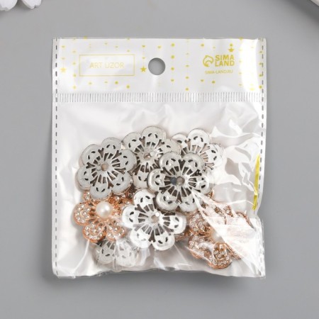 Decor for creativity plastic, rhinestones "Golden flower with bead" set 10 pcs 3x3 cm-3