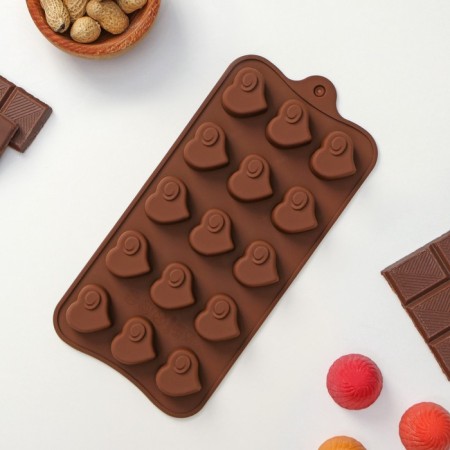 Form for chocolate of the share "Heartburn", silicone, 21.5 × 11 × 1.5 cm, 15 cells, brown color-1