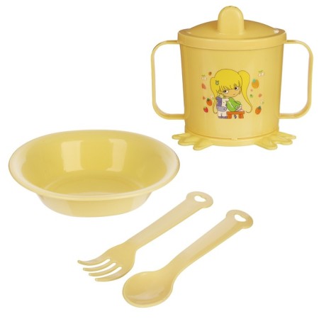 A set of children's dishes, 4 items: bowl, spoon, fork, chip with solid nose 200 ml, MIX color-12