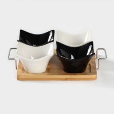 A set of ceramic salad bowls on the wooden stand “Yin-Yan.Kvadrat”, 5 objects: 4 salad bowls 80 ml, stand, white and black color