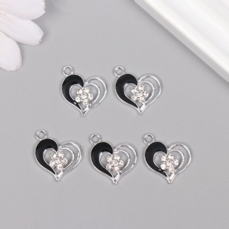 Decor for creativity metal, rhinestones "Heart with flower" silver, black 2x1.7x0.3 cm-2