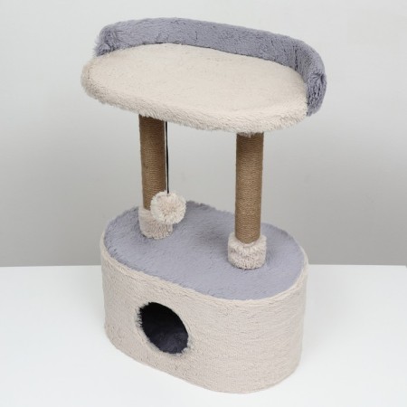 A house for cats with a claw, with an oval shelf, 54 x 34 x 80 cm, fluffy fur, jute, gray-2