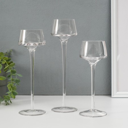 Glass candlestick set 3 pcs "veil" height 26cm, 23 cm, 20 cm transparent-1