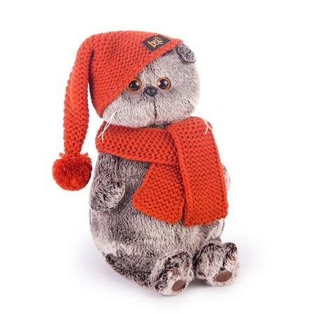 Soft toy "Basik" in a knitted hat and scarf, 22 cm