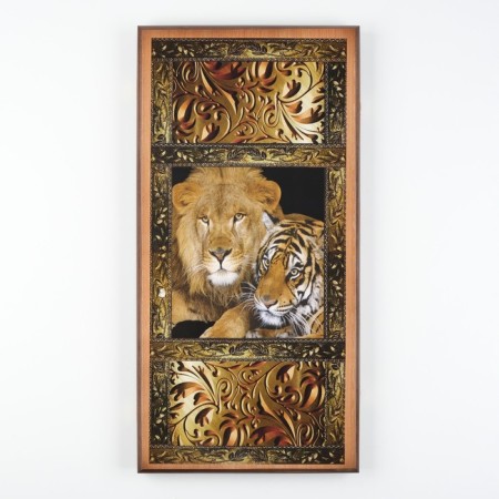 Backgammon "lion and tiger", wooden board 60 x 60 cm, with a field for playing checkers