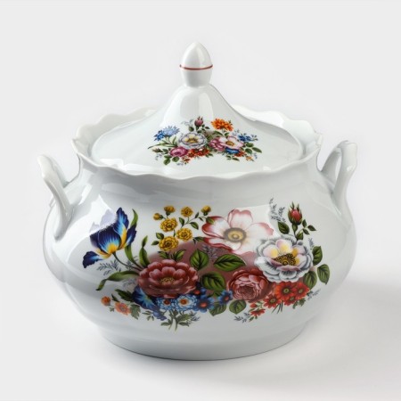 Porcelain set for dumplings “Bouquet of flowers”, 7 objects: Suditsa 3 l, 6 bowls 600 ml-1