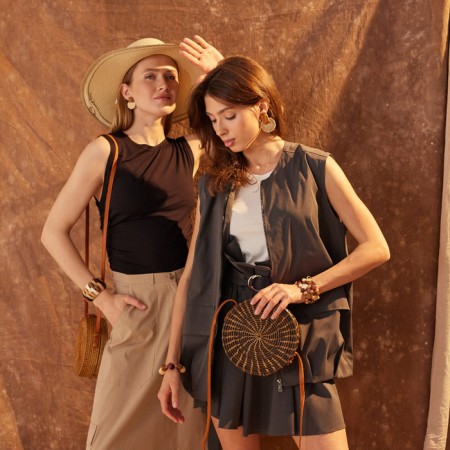 Earrings "Vakanda" style, wicker disk, color beige-brown-2