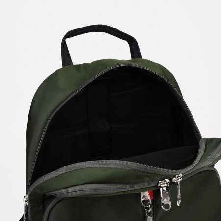 A backpack with a zipper, Rise, 2 external pockets, a laptop department, dark green color-3