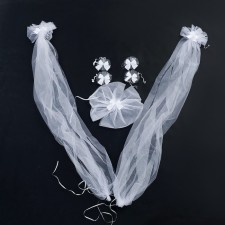 A set for decorating a car of tulle: 2 ribbons on a hood with bows for mirrors, a bow to a radiator, 4 bows for pens, white