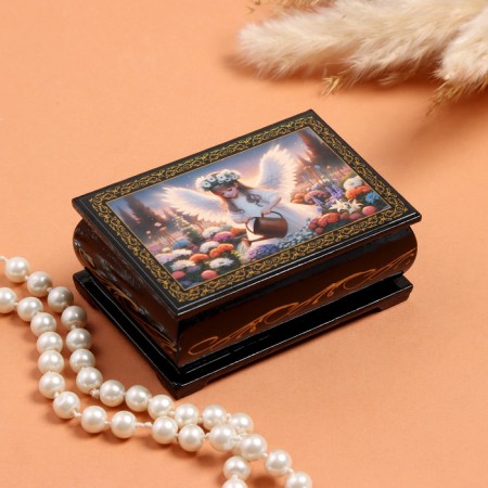 Casket "Angel with a watering can", black, 6 × 9 cm, lacquer miniature