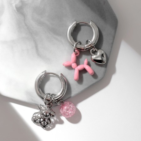 Earrings with the removable element "Transformer" Bear, pink color in silver-1