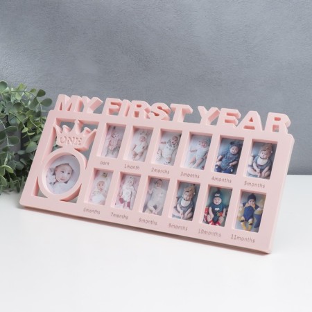 Photo frame plastic in 13 photos 3.5x5.5, d = 6.5 cm "My first year" pink 18.5x39x2 cm-1