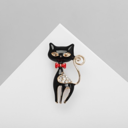 Brooch "cat" with a heart, black color in gold