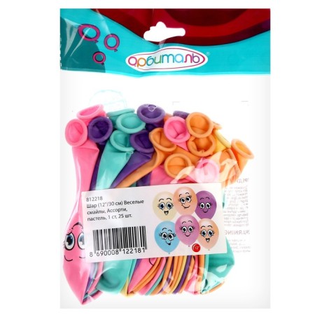 Shar Latex 12 “Funny emoticons”, pastel, 1-way, set 25 pcs., Mix-2