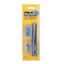 A set of feathers, 5 pieces, stainless steel with 2 holders + eraser on a blister