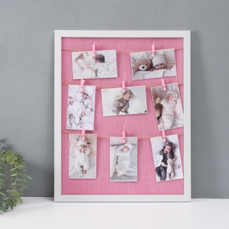 Photo frame Plastic in 8 photos 9x13 cm "Pink" with clothespins, white 50x40x1.2 cm