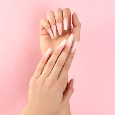 Flame overhead nails, 24 pcs, adhesive plates, ballerina shape, glossy pink/white color-5