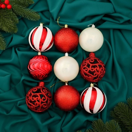 Set of balls plastic D-8 cm, 9 pcs "Melody" ornament strip, white-red