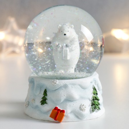 Souvenir Polystone Water Ball "White Bear with a gift" White with silver 7x6.7x8.8 cm-4