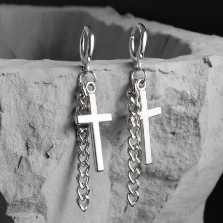 Earrings metal "Cross and chain", silver color-1