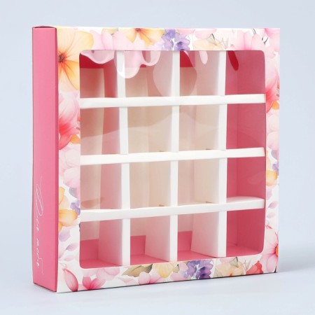 Box for sweets, confectionery packaging, 16 cells, “flowers” ​​17.7 x 17.7 x 3.8 cm-1