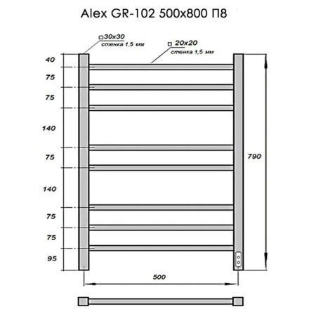 Towel electric heater Grois alex, 500x800 mm, 8 crossbars, lower, white-4