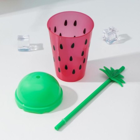 Watermelon glass, 450 ml, with a tube and lid, red color-1
