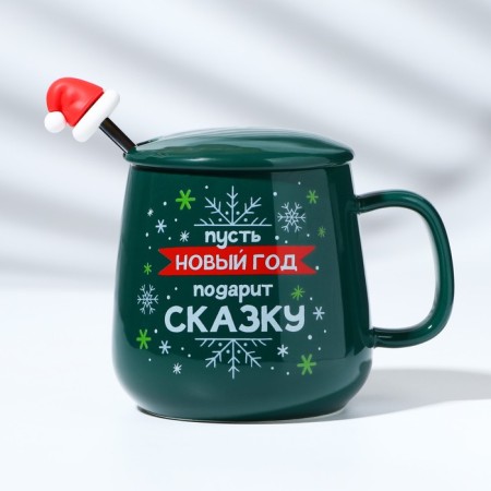 Ceramic mug with a spoon of "love in the new year", 350 ml, green color-7