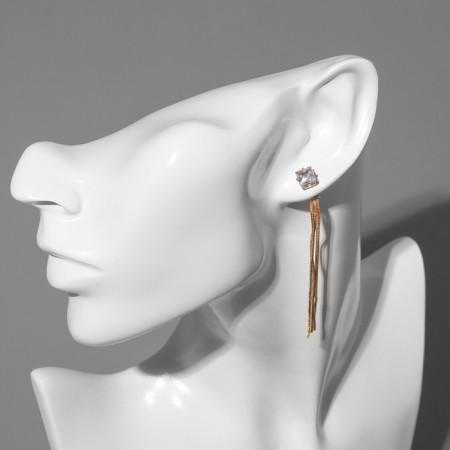 Hanging earrings with rhinestones "chains" square, white color in gold-2
