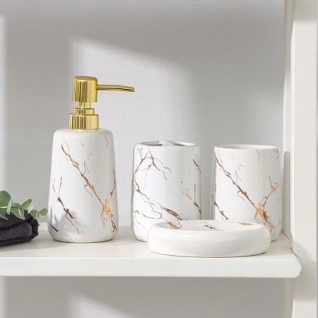 Savanna battery accessories set “Thunderstorm”, 4 items (soap dish, soap dispenser 400 ml, 2 glasses), white color