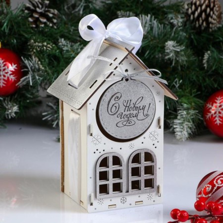 Wooden box, 13.5 × 11.5 × 21 cm "New Year. House", gift packaging, white
