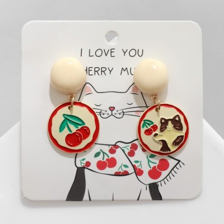 Earrings "Cat" with cherries, colored in silver-1