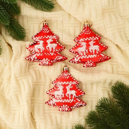 A set of jewelry plastic 3 pcs "Christmas trees with deer" 7x9 cm, red