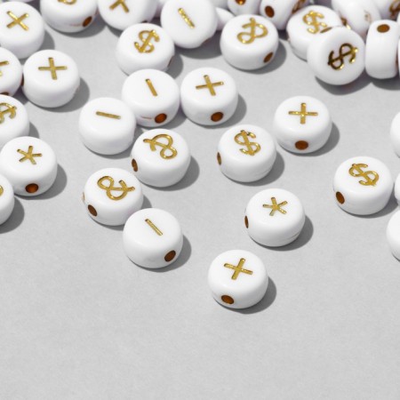 Acrylic bead "Symbols" mix, 7 × 4 mm, set 10 g, white-golden color-1