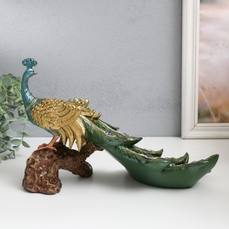 Polystone souvenir "Peacock with green gray feathers, Sapphire on the snag" 32x14x20.5 cm-3