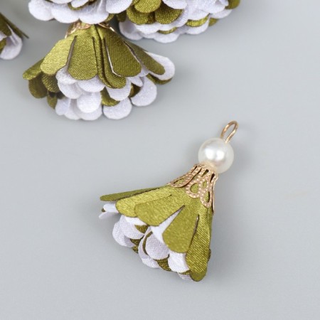 Decor Textile "Flower 2 colors with pearls. Olive and white" set 6 pcs 3 cm