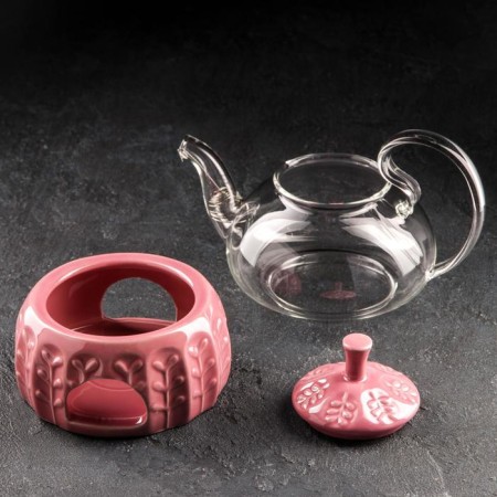 Glass teapot with metal sieve and stand for heating Elegy, 600 ml, red color-1